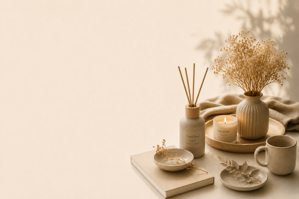 Cozy home ambiance with candle, reed diffuser, neutral decor, and calming beige aesthetic for intentional living