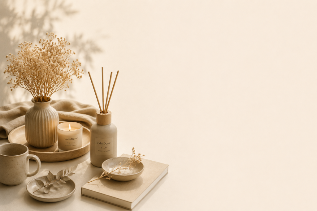 Cozy home ambiance with candle, reed diffuser, neutral decor, and calming beige aesthetic for intentional living