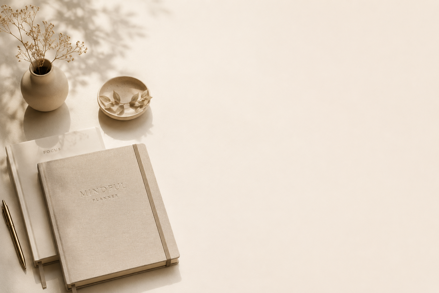 Minimal mindful planner styled in a calm neutral workspace with soft beige decor and intentional living aesthetic