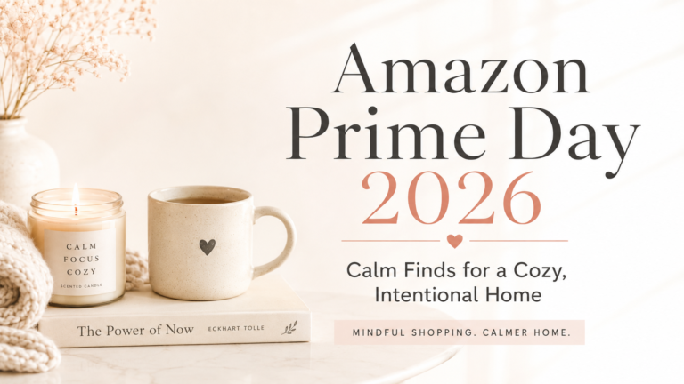 Amazon Prime Day 2026 calm finds for a cozy home with candle, mug, book and soft minimalist decor