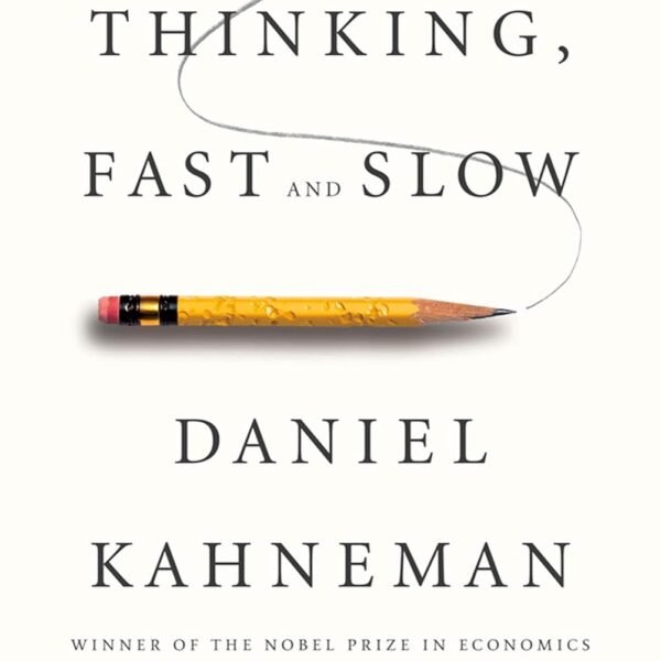 Thinking, Fast and Slow by Daniel Kahneman book cover in a minimalist CalmDone reading space.