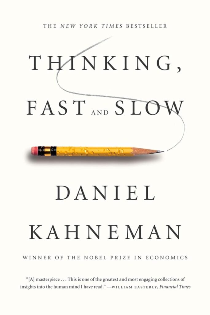 Thinking, Fast and Slow by Daniel Kahneman book cover in a minimalist CalmDone reading space.