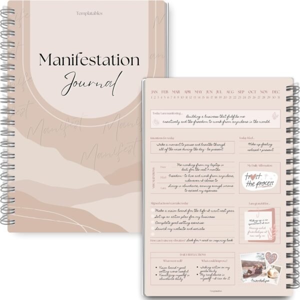 A5 manifestation journal planner with soft beige cover, daily manifestation page, 369 method prompts, affirmations, gratitude, and vision board layout