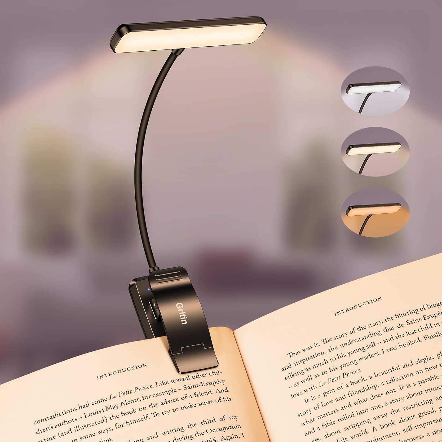 Gritin 19 LED Rechargeable Book Light for Reading in Bed with three color temperatures and adjustable brightness