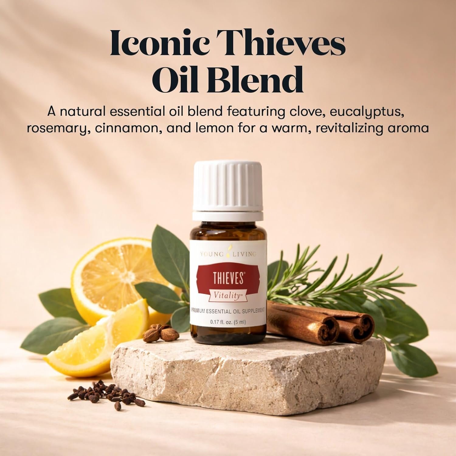 Young Living Thieves Vitality Essential Oil Blend 5 ml bottle with clove, lemon, cinnamon, eucalyptus, and rosemary oils