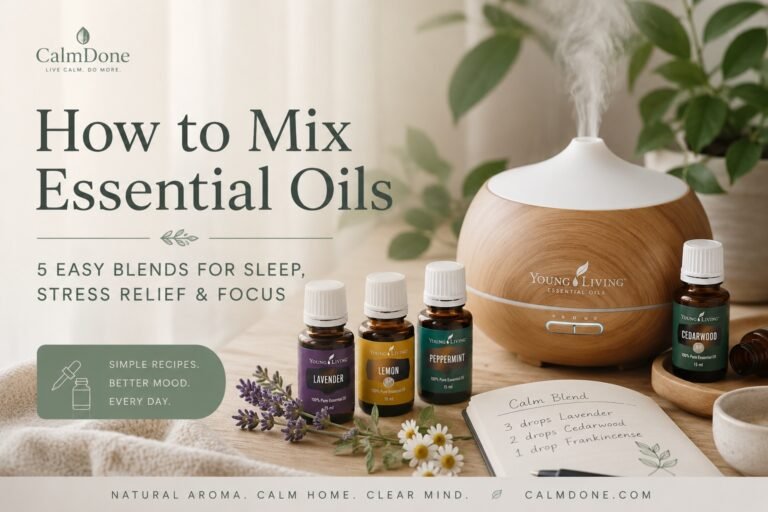 How to mix essential oils using a diffuser with lavender, lemon, peppermint and cedarwood essential oils for a calming home.
