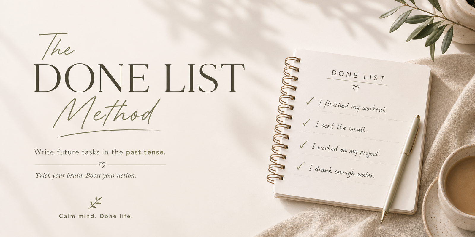 The Done List Method hero banner — write future tasks in past tense to trick your brain and boost action, beige minimalist planner flatlay with coffee and olive branch