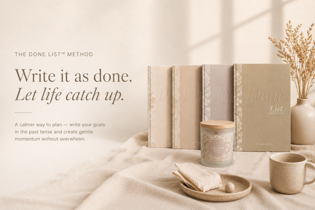 Done list vs to-do list — CalmDone Signature Collection planners, candle, and mug styled on a beige table