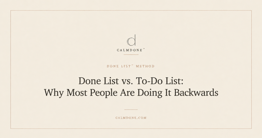 Done list vs to-do list — woman writing a past-tense task in a CalmDone planner on a beige background