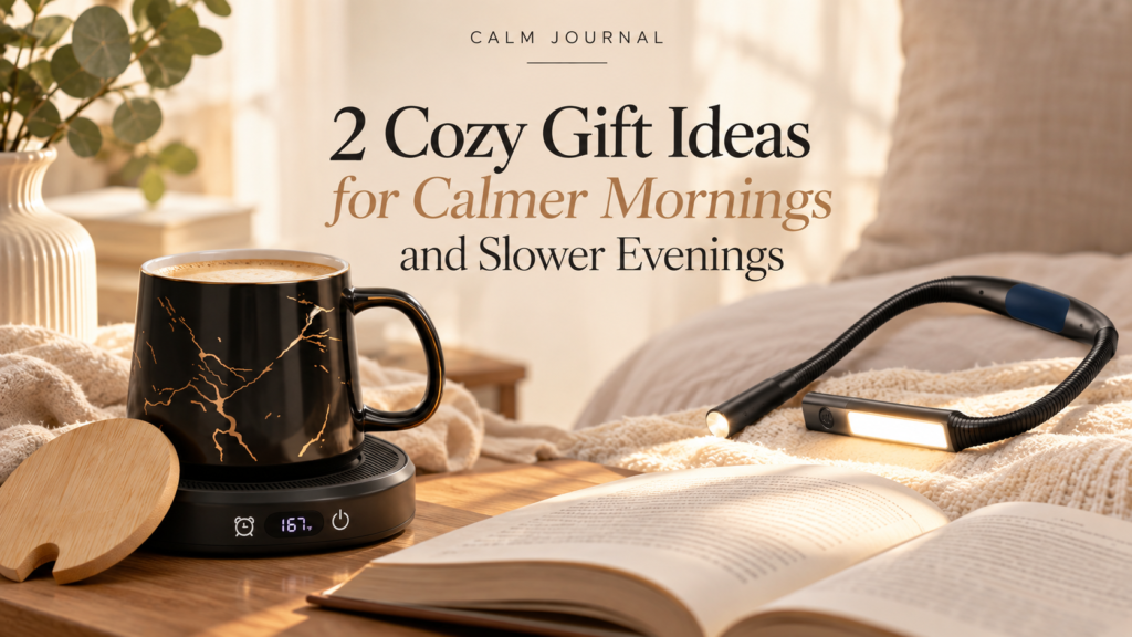Cozy gift ideas: coffee mug warmer with marble mug and neck reading light on an open book