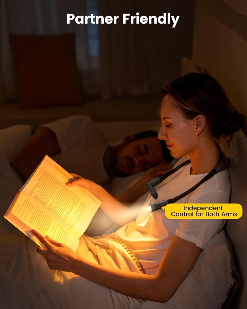 Glocusent neck reading light with bendable arms shining warm light on an open book