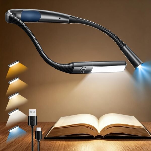 Glocusent neck reading light with bendable arms shining warm light on an open book