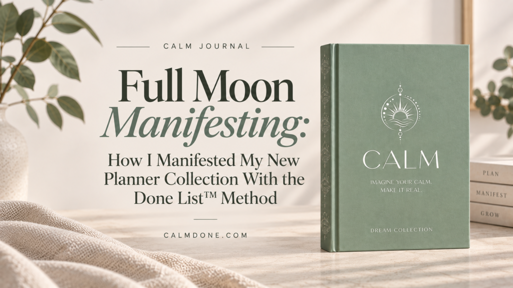 Full moon manifesting blog cover with first preview of the Dream Collection Calm Planner by CalmDone