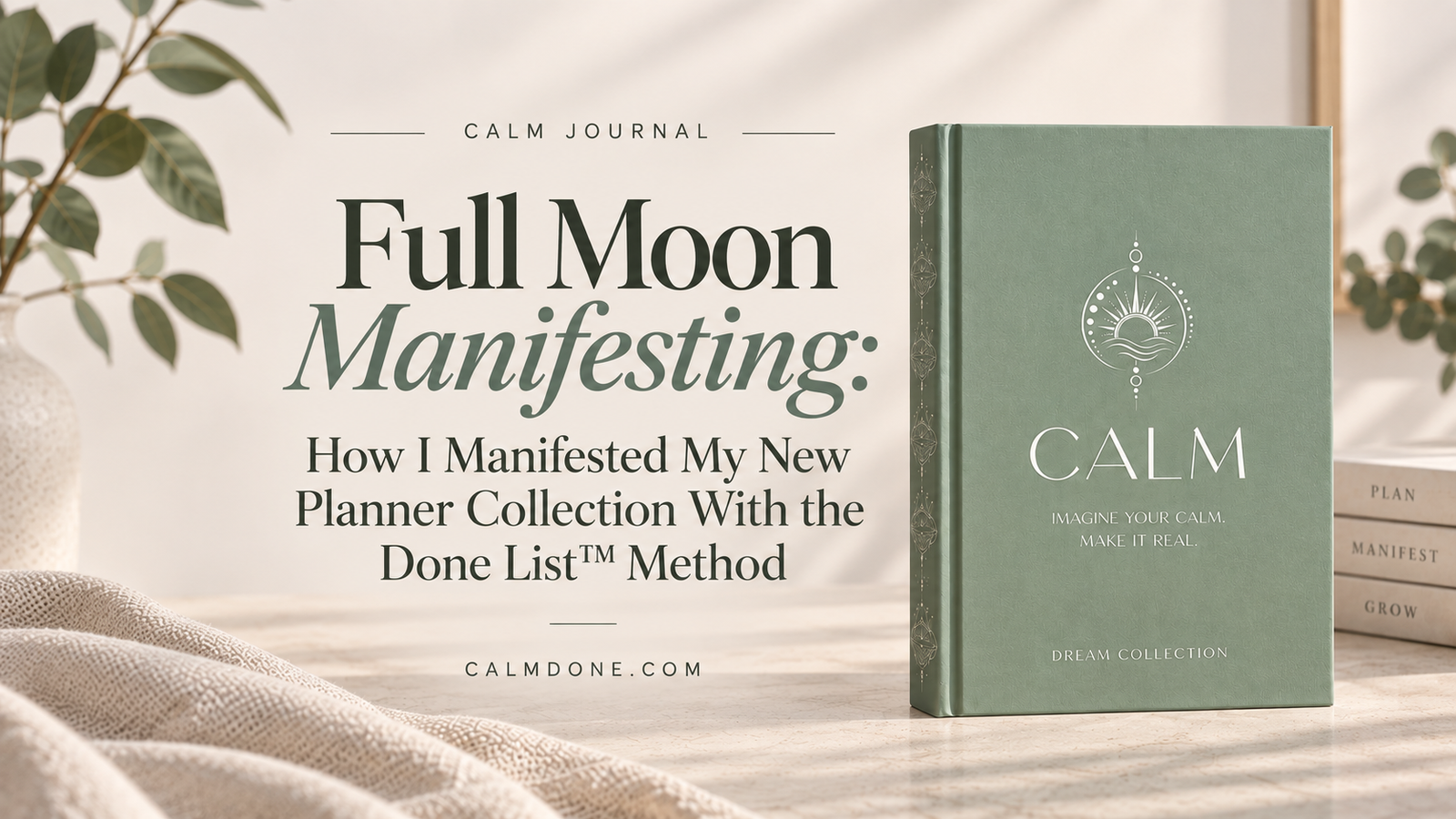 Full moon manifesting blog cover with first preview of the Dream Collection Calm Planner by CalmDone