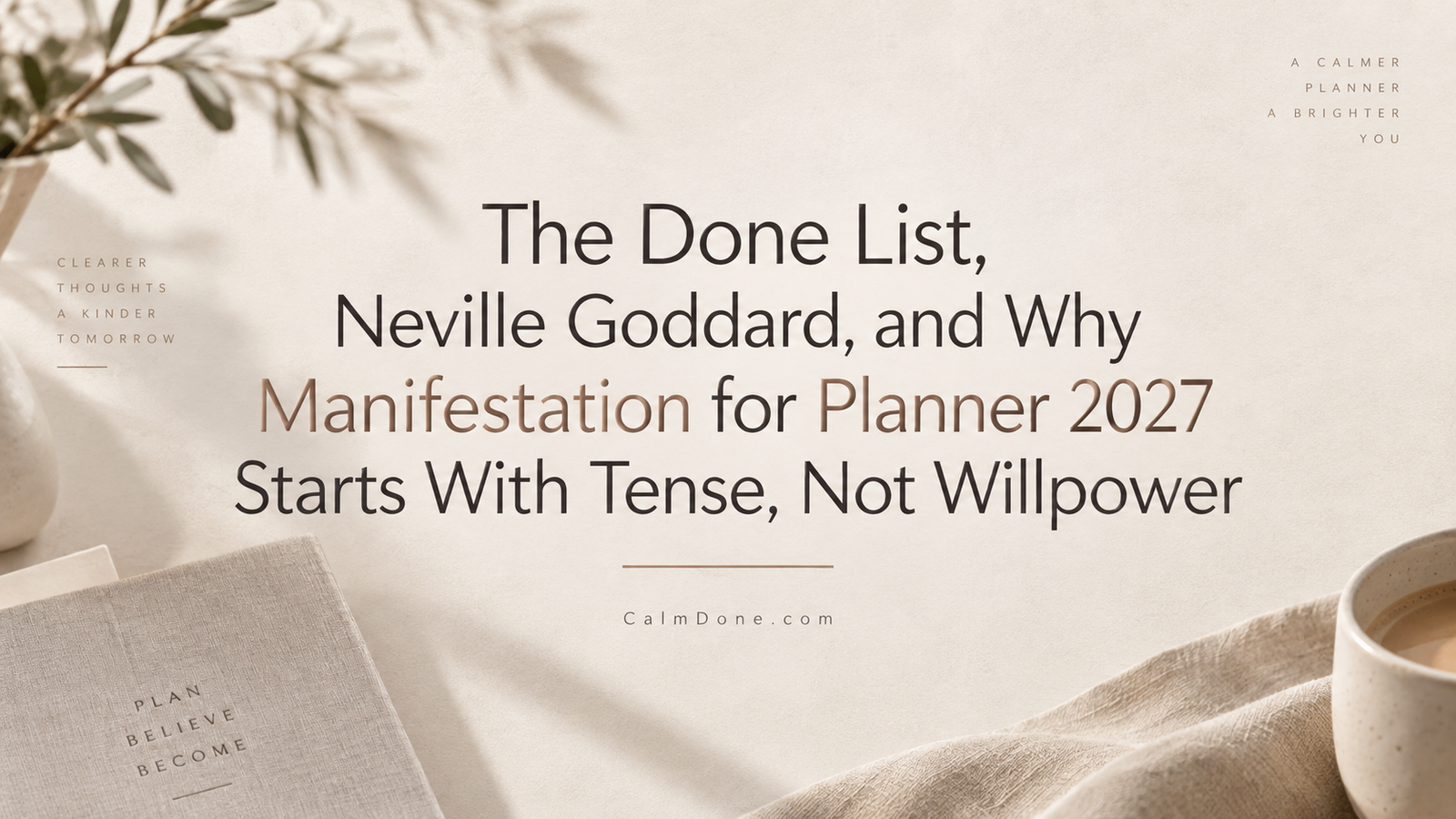 Done List, Neville Goddard and manifestation blog cover, beige minimalist design with Done List Method branding