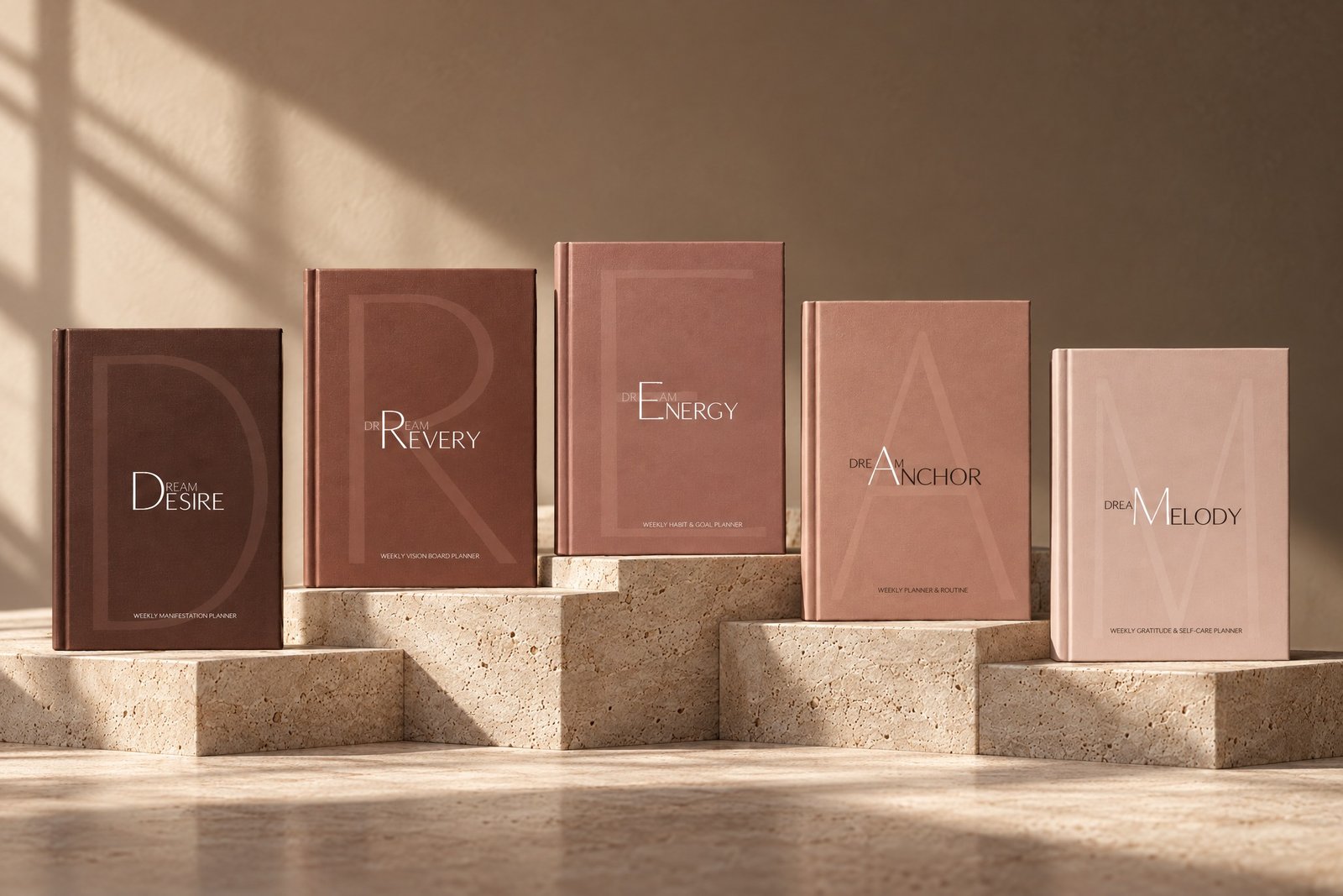 CalmDone DREAM Collection done list planners on stone steps in warm light