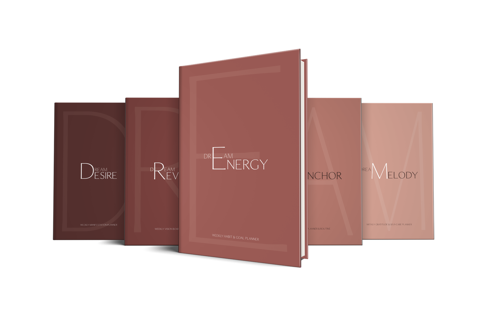 The five DREAM Collection hardcover weekly planners, Desire, Revery, Energy, Anchor and Melody, fanned out with Energy in front