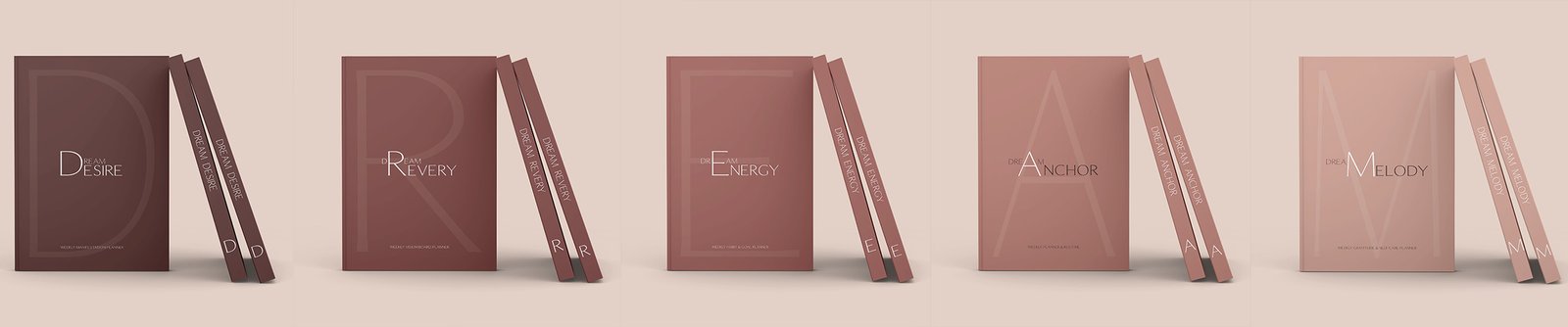 The DREAM Collection by CalmDone: five hardcover weekly planners in burgundy and rose tones, Desire, Revery, Energy, Anchor and Melody, each with two spines leaning against its cover
