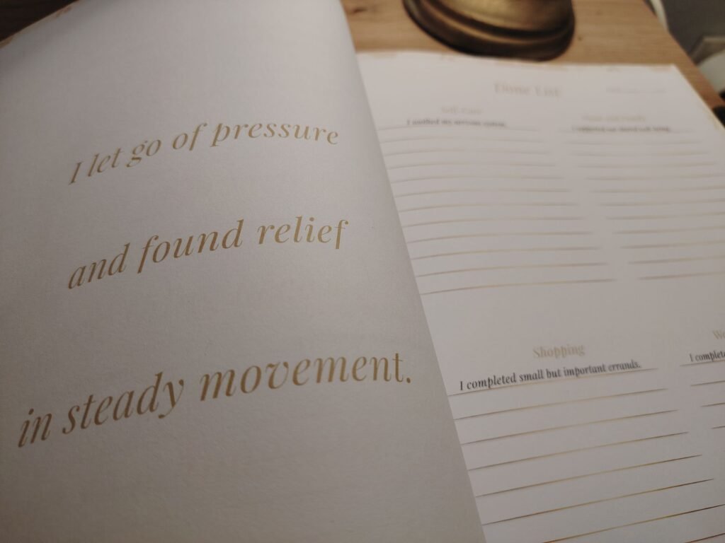 Inside page of the Done List Planner from the CalmDone Signature Collection with past-tense daily entries