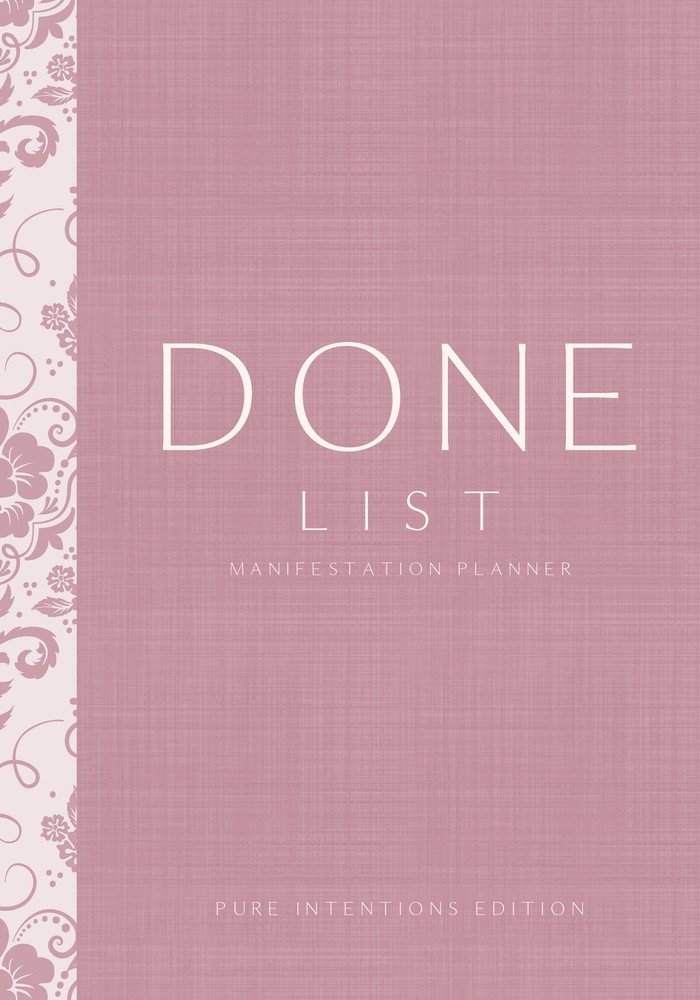 Done List Manifestation Planner, Pure Intentions Edition, dusty mauve rose half-linen cover with damask ornament, CalmDone