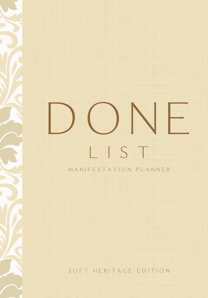Done List Manifestation Planner, Soft Heritage Edition, butter cream half-linen cover with damask ornament, CalmDone