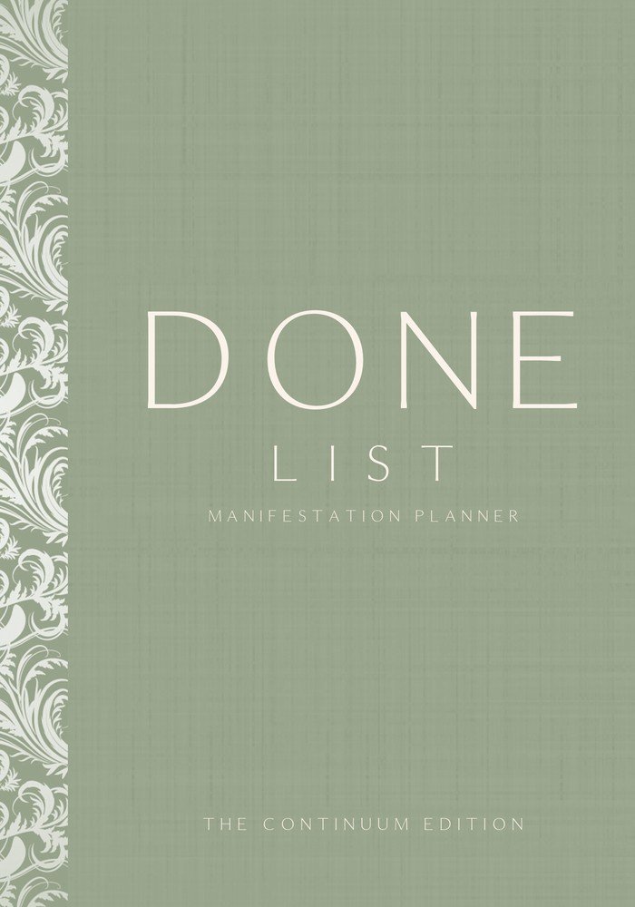 Done List Manifestation Planner, The Continuum Edition, sage green half-linen cover with damask ornament, CalmDone