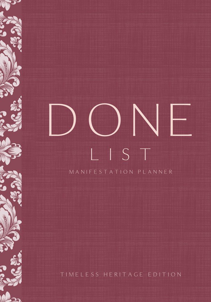 Done List Manifestation Planner, Timeless Heritage Edition, burgundy wine half-linen cover with damask ornament, CalmDone