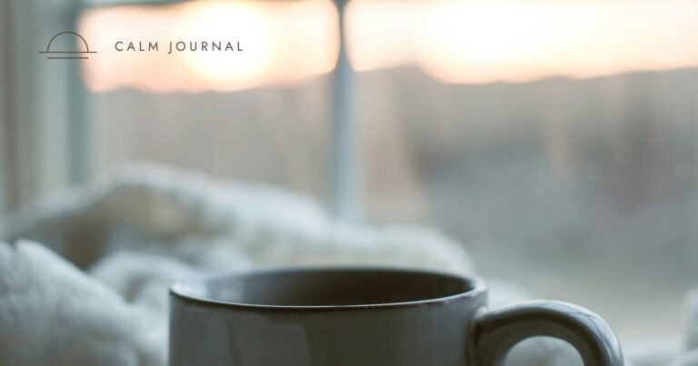 Ceramic mug in soft morning light, Calm Journal cover for the post on how to calm down and get things done