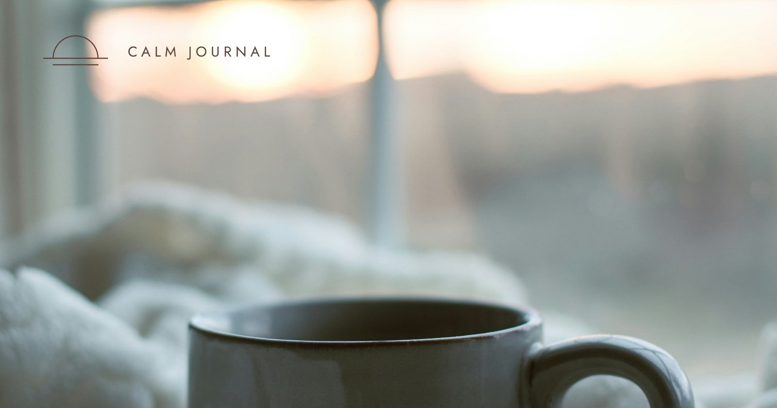 Ceramic mug in soft morning light, Calm Journal cover for the post on how to calm down and get things done