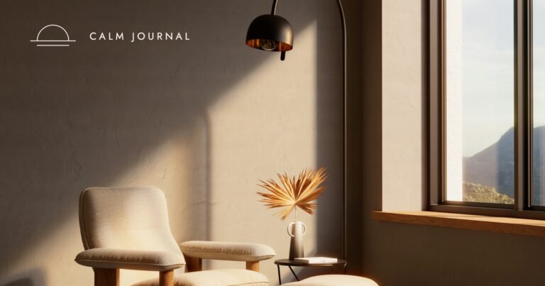 Warm minimalist living room with soft light and dried grasses, Calm Journal cover for the post on manifesting your dream home