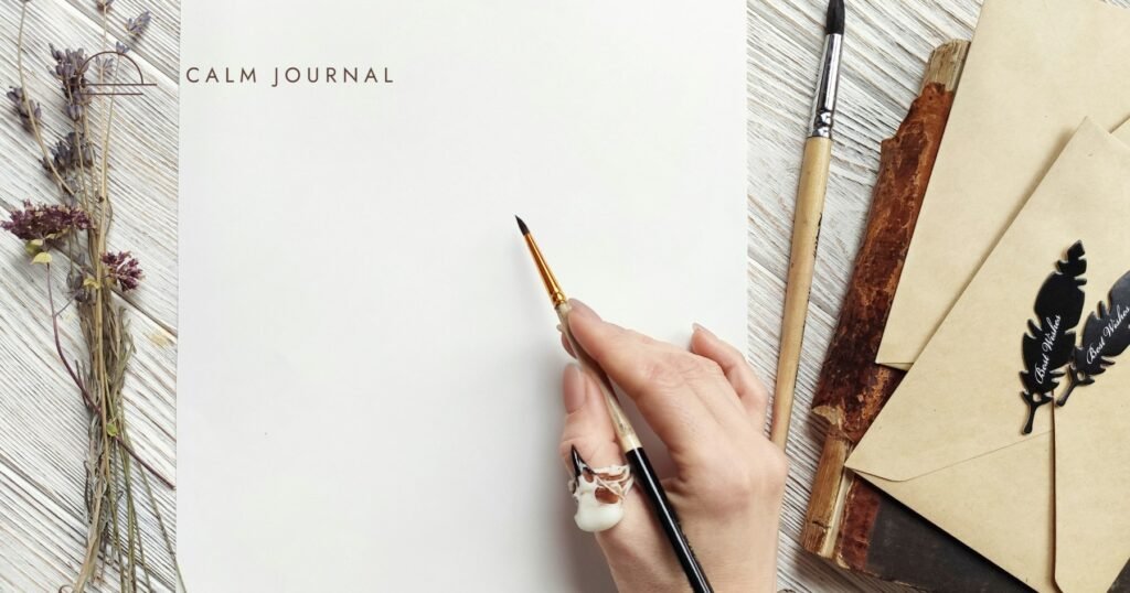 Hand writing on a blank white page, Calm Journal cover for the post on how to start writing blog posts