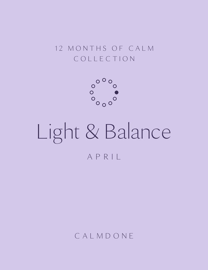 12 Months of Calm April planner cover in soft lilac, "Light & Balance" theme, minimalist ring of 12 dots with month 4 marked, CalmDone