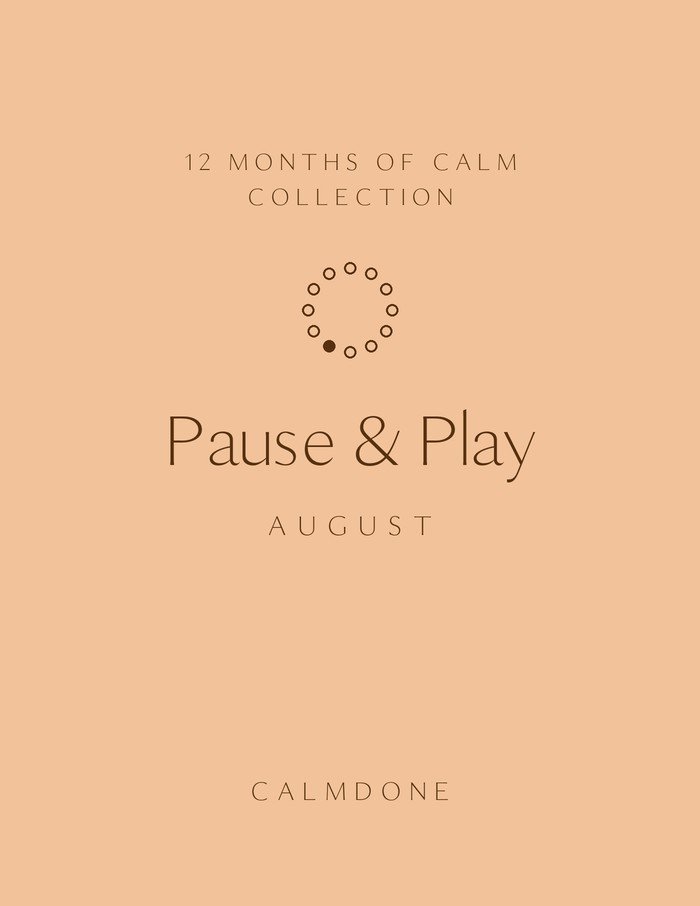 12 Months of Calm August planner cover in peach, "Pause & Play" theme, minimalist ring of 12 dots with month 8 marked, CalmDone