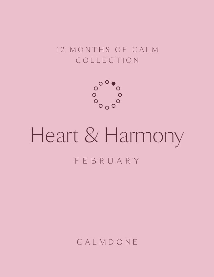 12 Months of Calm February planner cover in rose pink, "Heart & Harmony" theme, minimalist ring of 12 dots with month 2 marked, CalmDone