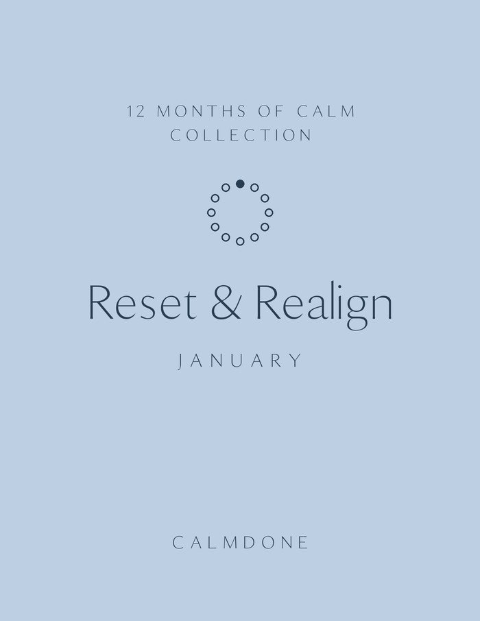 12 Months of Calm January planner cover in icy blue, "Reset & Realign" theme, minimalist ring of 12 dots with month 1 marked, CalmDone