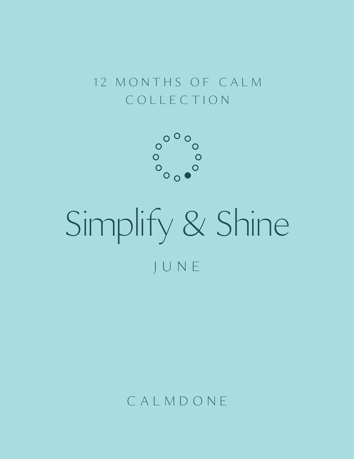 12 Months of Calm June planner cover in aqua, "Simplify & Shine" theme, minimalist ring of 12 dots with month 6 marked, CalmDone