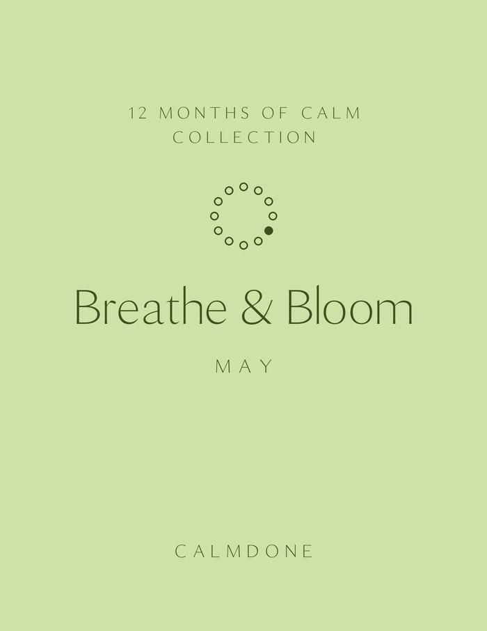 12 Months of Calm May planner cover in spring green, "Breathe & Bloom" theme, minimalist ring of 12 dots with month 5 marked, CalmDone