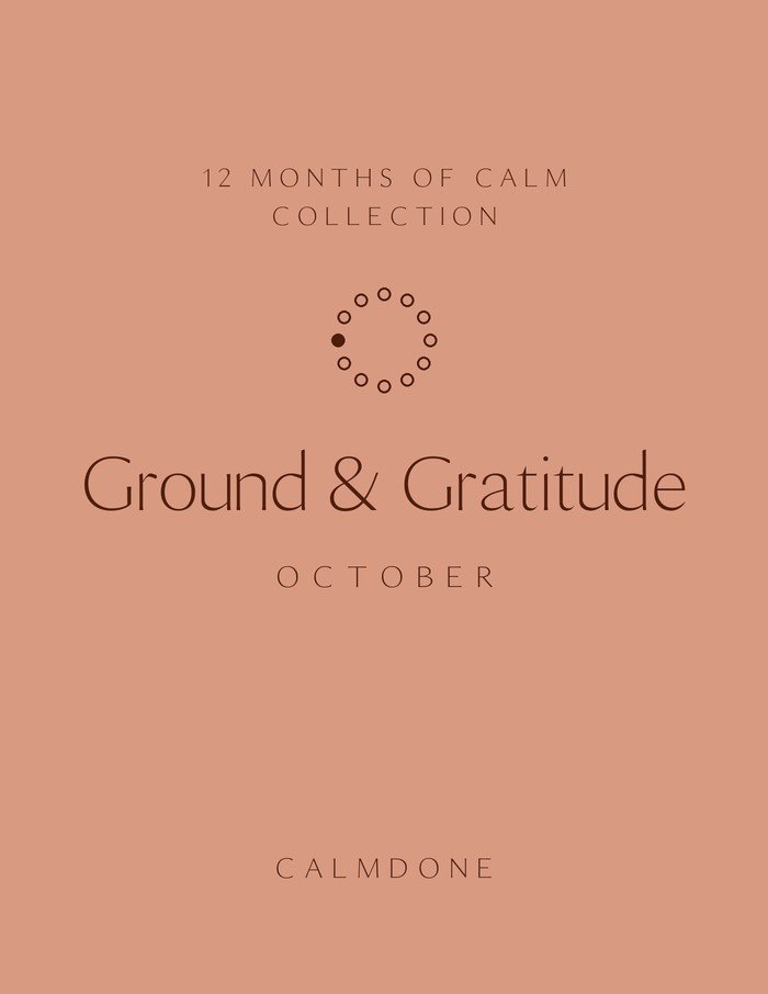 12 Months of Calm October planner cover in terracotta, "Ground & Gratitude" theme, minimalist ring of 12 dots with month 10 marked, CalmDone