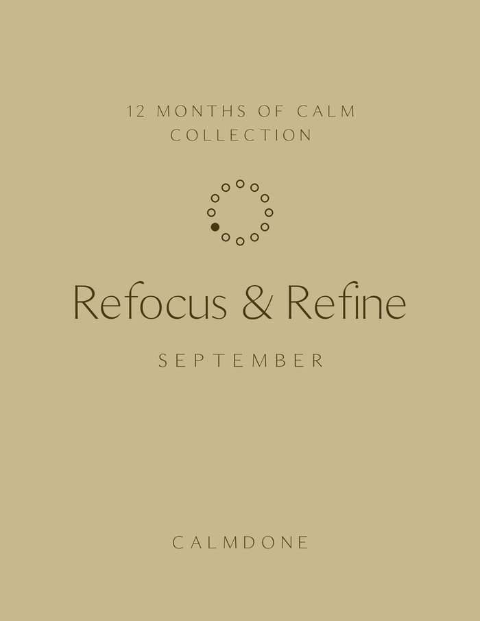 12 Months of Calm September planner cover in sand, "Refocus & Refine" theme, minimalist ring of 12 dots with month 9 marked, CalmDone