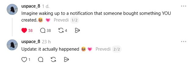Screenshot of a Threads post by @uspace_8 about imagining you wake up and see your very first sale